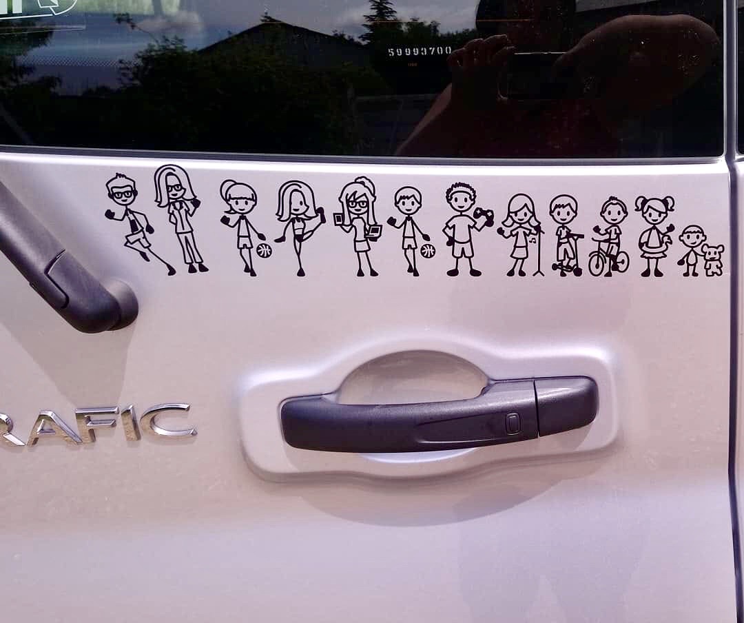 Personalized sticker of a complete family affixed to the car